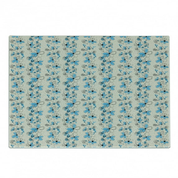 Grey and Blue Cutting Board, Drawing of a Field with Blue Daisy Petals and Skinny Stems, Decorative Tempered Glass Cutting and Serving Board, Small Size, Pale Grey Black Blue, by Ambesonne