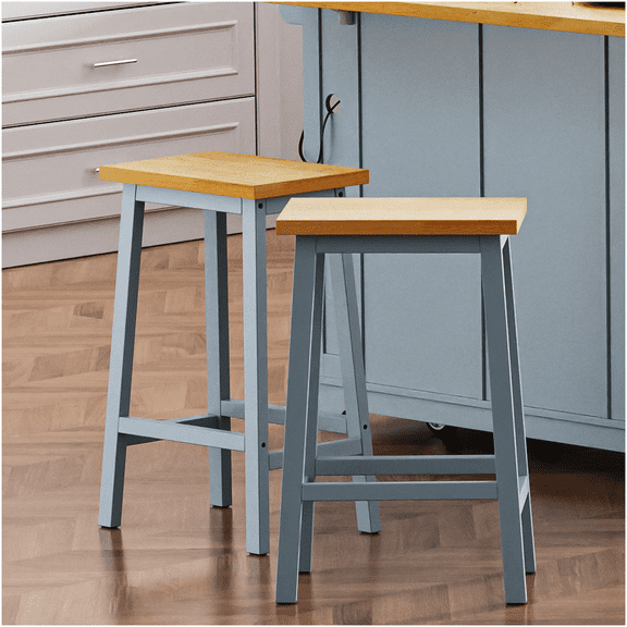 Grey Blue Farmhouse Solid Wood Bar Stools Set of 2, 25.6" Tall Kitchen Counter Stools with Footrests, A-Frame Design for Dining Room & Home Bar
