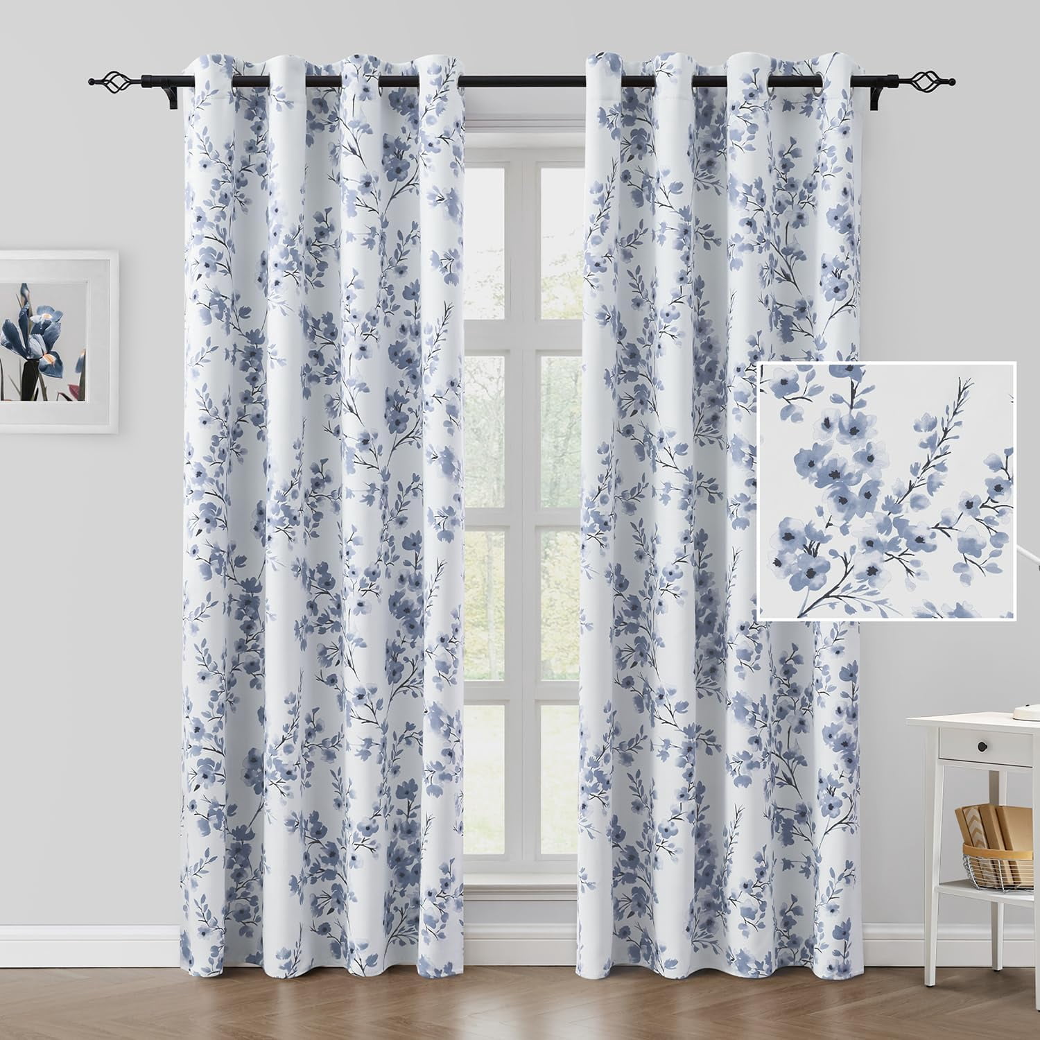 Grey Blue Floral Blackout Curtains, Long Room Darkening Flower Grommet Drapes for Living Room, Bedroom 42"W x 84"L (Pack of 2)