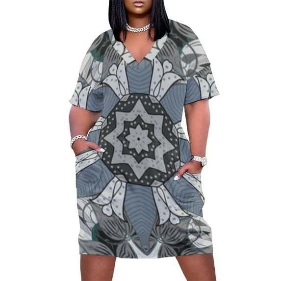 Grey Blue Floral Mandala Design Women's Summer Short Sleeve Casual Dresses Party Dress