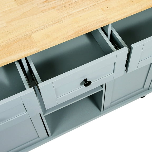 Grey Blue Kitchen Cart With Adjustable Storage & Drop, 5 Rolling Wheels Drop Countertop And Internal , Wheels, 3 Drawers, For Dinning Room