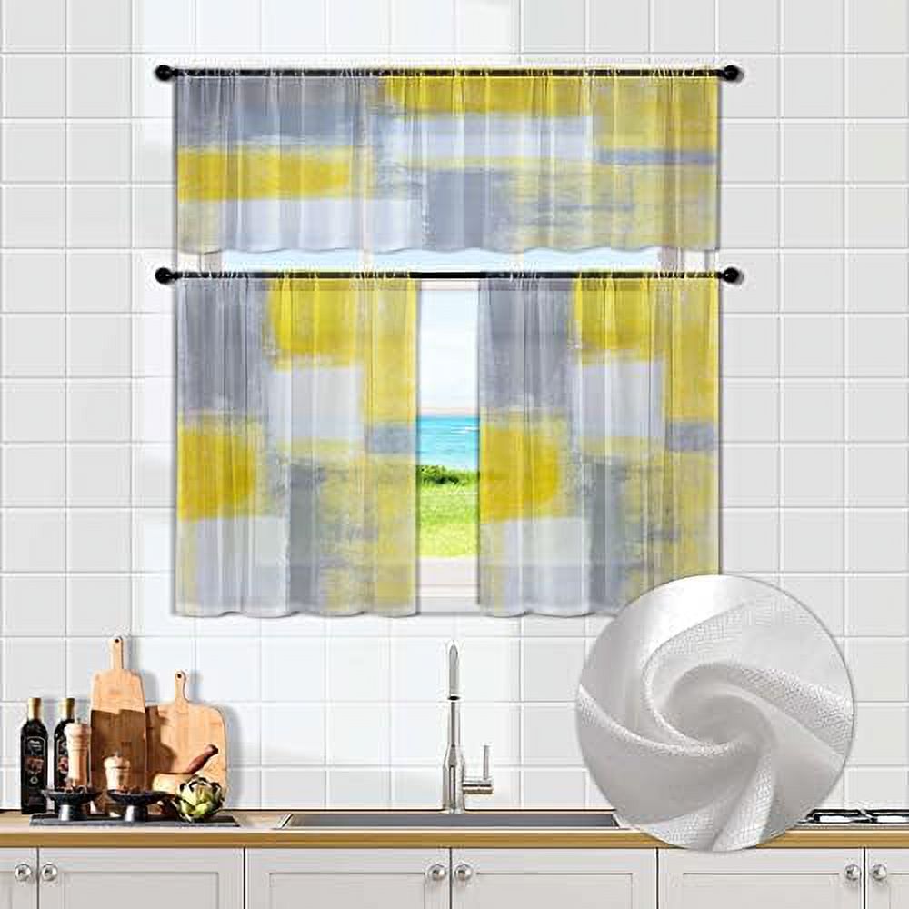 Grey and Blue Kitchen Curtains Tiers and Valances Set 3 Piece for