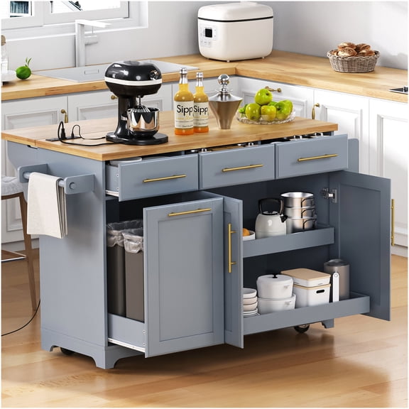 Grey Blue Kitchen Island with Drop Leaf, Power Outlet, Pull Out Shelves & Trash Can Storage, Mobile Cart for Farmhouse Style