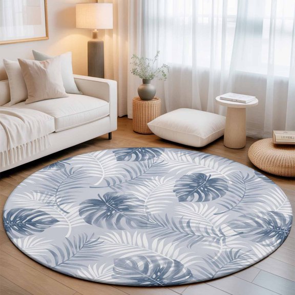 Grey Blue Leaf Round Area Rugs 3 ft, Modern Grey Blue Palm Leaf Monstera Washable Small Area Rug with Non-Slip Sturdy Edge Binding Round Front Door Mat Floor Carpet for Entryway