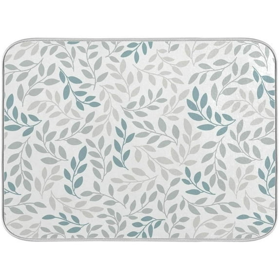 Grey and Blue Leaves branches Absorbent Dish Drying Mat Dishes Drainer Protector Pad with Hanging Loop for Kitchen Countertop Heat Insulation Home Decor 18 x 24 Inch