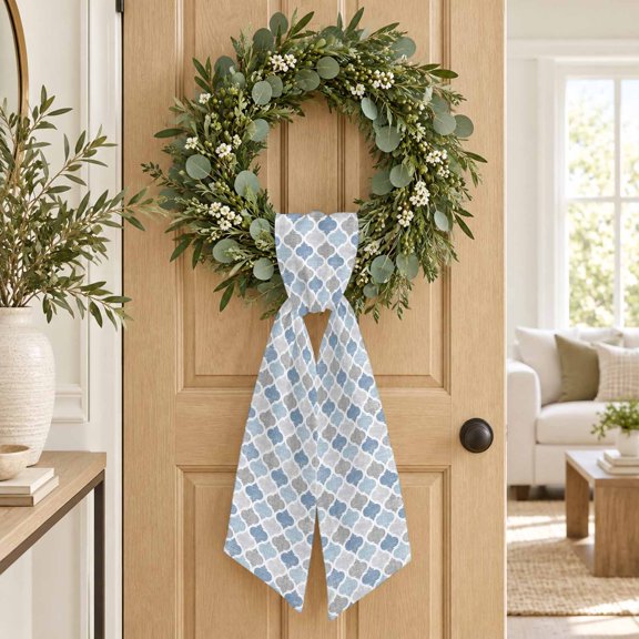 Grey Blue Moroccan Tiles Wreath Sash, Vintage Geometric Blocks Pattern Decorative Ribbon Wreath Sash for Front Door, Porch Indoor Holiday Decor