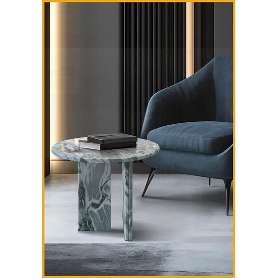 Grey Blue Natural Marble Coffee Table for Living Room – Ø17.7x15.8 Inch, Easy-Assemble, Unique Veining Decor