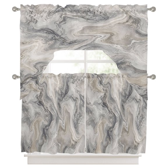 Grey Blue Ocean Waves Swag Valance and Tier Set of 3, Modern Abstract Minimalist Beach Waves Swag Curtains Valances for Small Window Treatment Rod Pocket for Kitchen Bathroom 56x36in+27.5x24*2