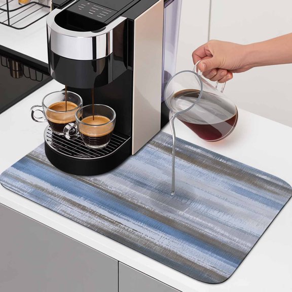 Grey Blue Paint Dish Drying Mats for Kitchen Counter, Watercolor Abstract Light Blue Stripes Absorbent Coffee Bar Mat with Non-slip Rubber Backed Quick Drying Dish Rack Pad 12"x16"