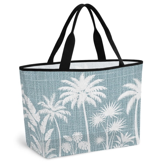 Grey Blue Palm Trees Beach Bag for Women, Large Breathable Mesh Beach Tote Bag, Tropical Retro Summer Botanical Sandproof Lightweight Travel Bags for Vacation Picnic Swimming Pool 15.7"x15.7"x9.1"