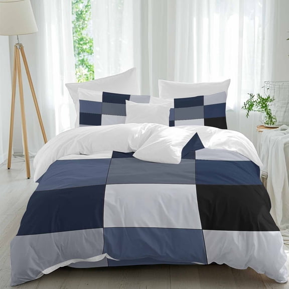 Grey Blue Patchwork 4 Piece Duvet Cover Set Queen Size Abstract Geometric Art Soft Bedding Set Comforter Cover, 1 Duvet Cover 1 Flat Sheets and 2 Pillowcases