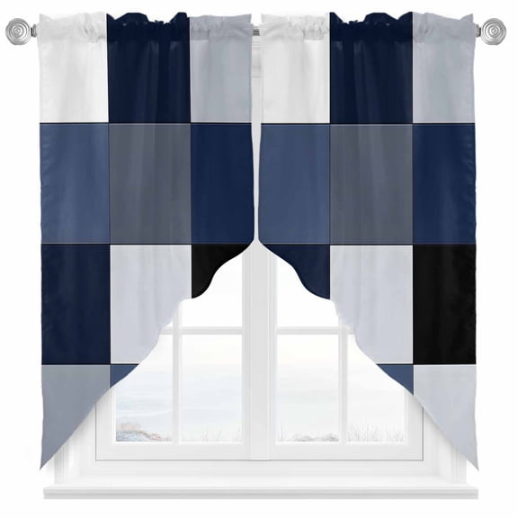 Grey Blue Patchwork Swag Curtain Valance for Windows, Abstract Geometric Art Window Treatments Short Swag Topper for Kitchen Windows Bathroom Bedroom, 36"x45"