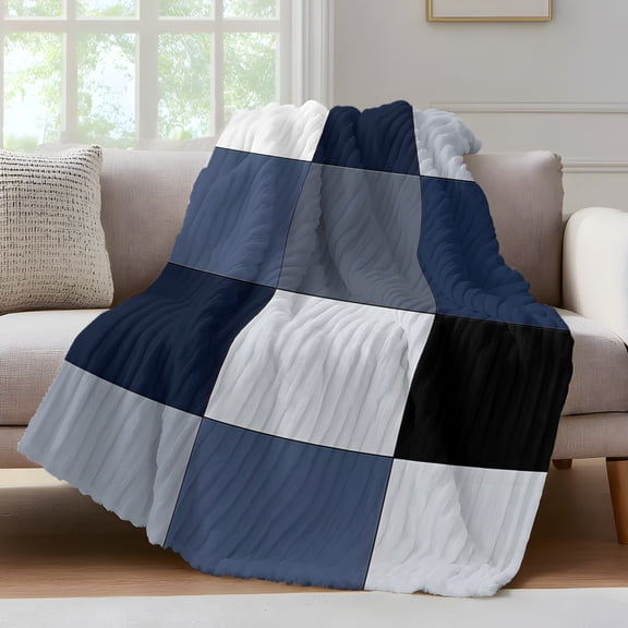 Grey Blue Patchwork Throw Blanket for Couch Abstract Geometric Art Soft and Warm Flannel 3D Striped Fluffy Fuzzy Fleece Blanket Lightweight Throw for Bed, Sofa 50 x 60 Inches