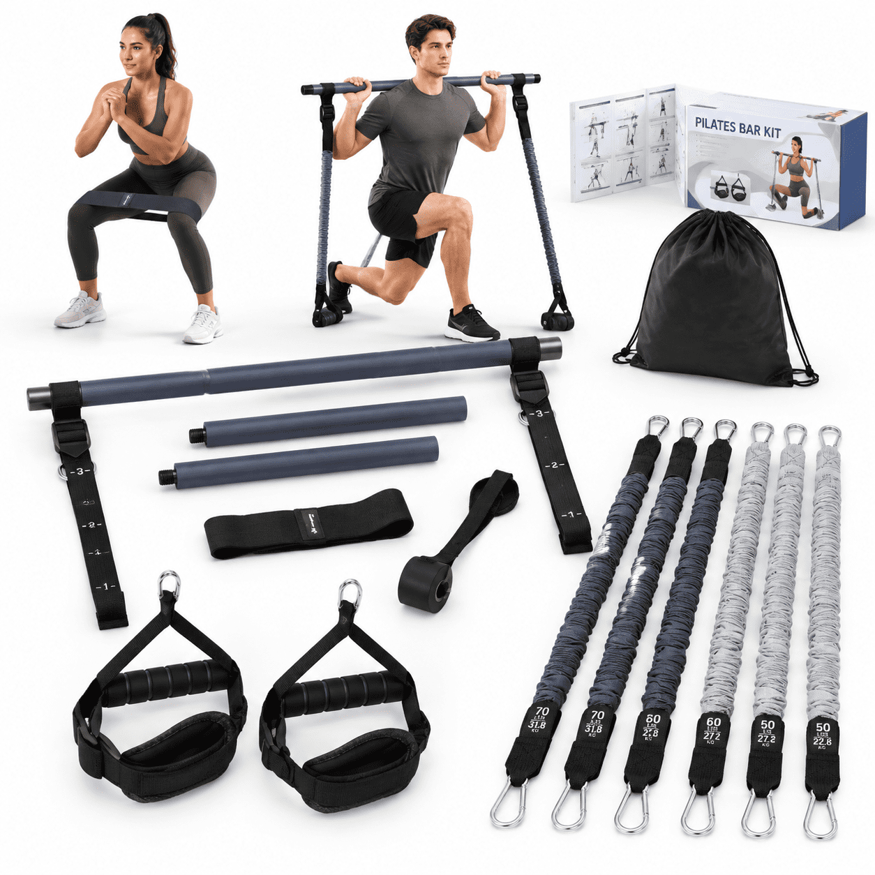 Pliates Kit Grey Blue Pilates Bar Kit with Resistance Bands for Full Body Workouts ...