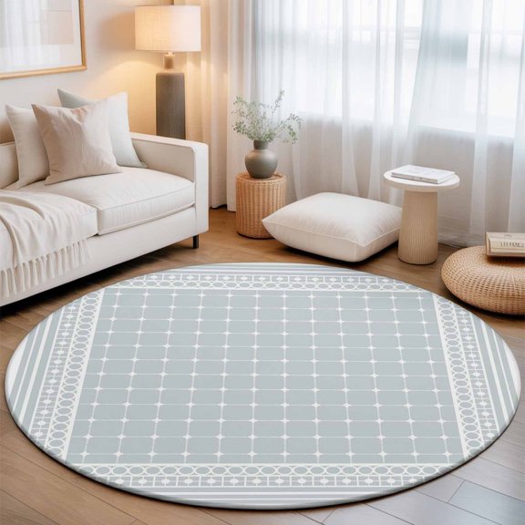 Grey Blue Plaid Round Rug 4Ft Country Rustic Farmhouse Geometric Lines Grids Checkered Circle Area Rugs Washable Non Slip Indoor Floor Mats Carpet for Living Room Bedroom Dining Room Home Decor
