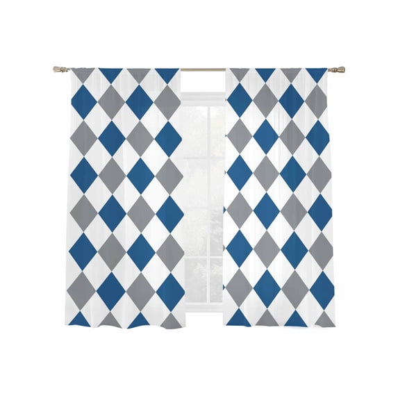 Grey Blue Plaid Sheer Curtains 2 Panels Set Simple Blue White Grey Diamond Sheer Window Curtains Light Filtering Rod Pocket Voile Drapes for Bedroom Living Room 52"X72"