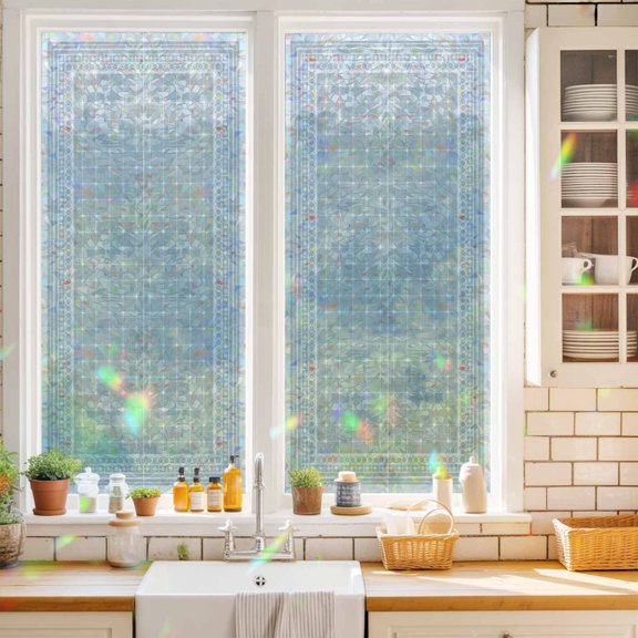 Grey Blue Plaid Window Privacy Film Country Rustic Farmhouse Geometric Lines Grids Checkered Static Cling Stained Glass Window Film Non-Adhesive Decorative Decals Rainbow Sticker 17.7"X39.3"