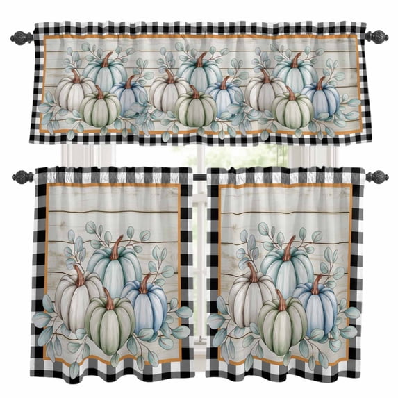 Grey Blue Pumpkin Fall Kitchen Curtains Sets for Windows 24 Inch Length, Thanksgiving Eucalyptus Wood Plaid Rod Pocket Window Treatments Tier Curtains and Valances Set for Bedroom/Bathroom