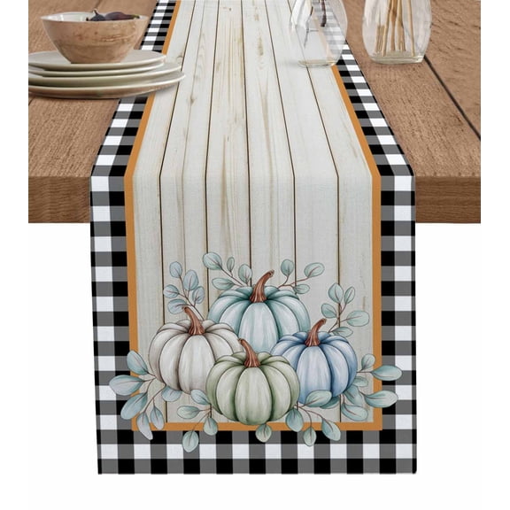 Grey Blue Pumpkin Fall Table Runner 48 Inches, Thanksgiving Eucalyptus Wood Plaid Bed Runner Dresser Scarves Tabletop for Indoor Outdoor Parties/Ceremony/Banquet, 13" x 48"