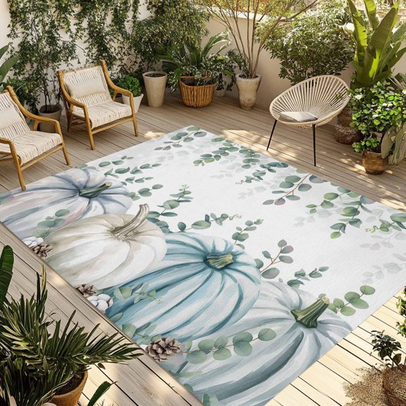 Grey Blue Pumps Fall Outdoor Rug 3x5 Ft - Reversible Patio Rug Outdoor Camping Rugs, Thanksgiving Eucalyptus Leaves Washable Indoor Outdoor Area Rugs, Non-Slip Outdoor Carpet Runner for Deck/Porch