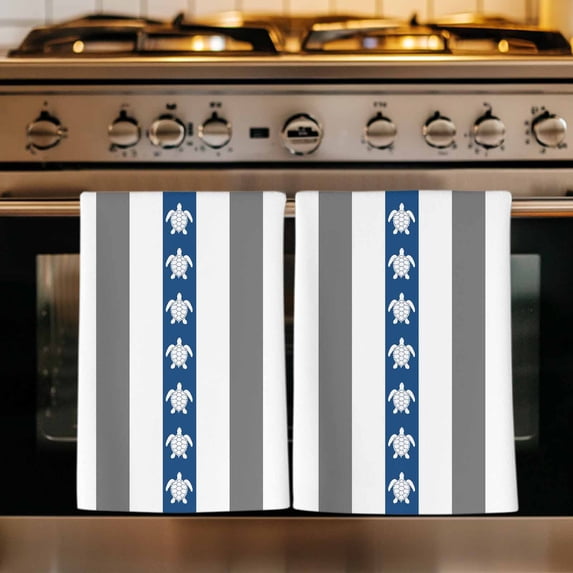 Grey Blue Sea Turtle Kitchen Towels Set of 4, Coastal Stripe Summer Ocean Nautical Absorbent Dish Towels for Kitchen, Microfiber Hand Towel, Quick Drying Tea Towel for Cleaning Decorative Dishcloths