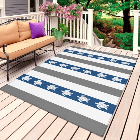 Grey Blue Sea Turtle Outdoor Rug for Patio/Deck/Porch, Non-Slip Large Area Rug 5 x 8 Ft, Coastal Stripe Summer Ocean Nautical Indoor Outdoor Rugs Washable Area Rugs, Camping Rug Carpet Runner
