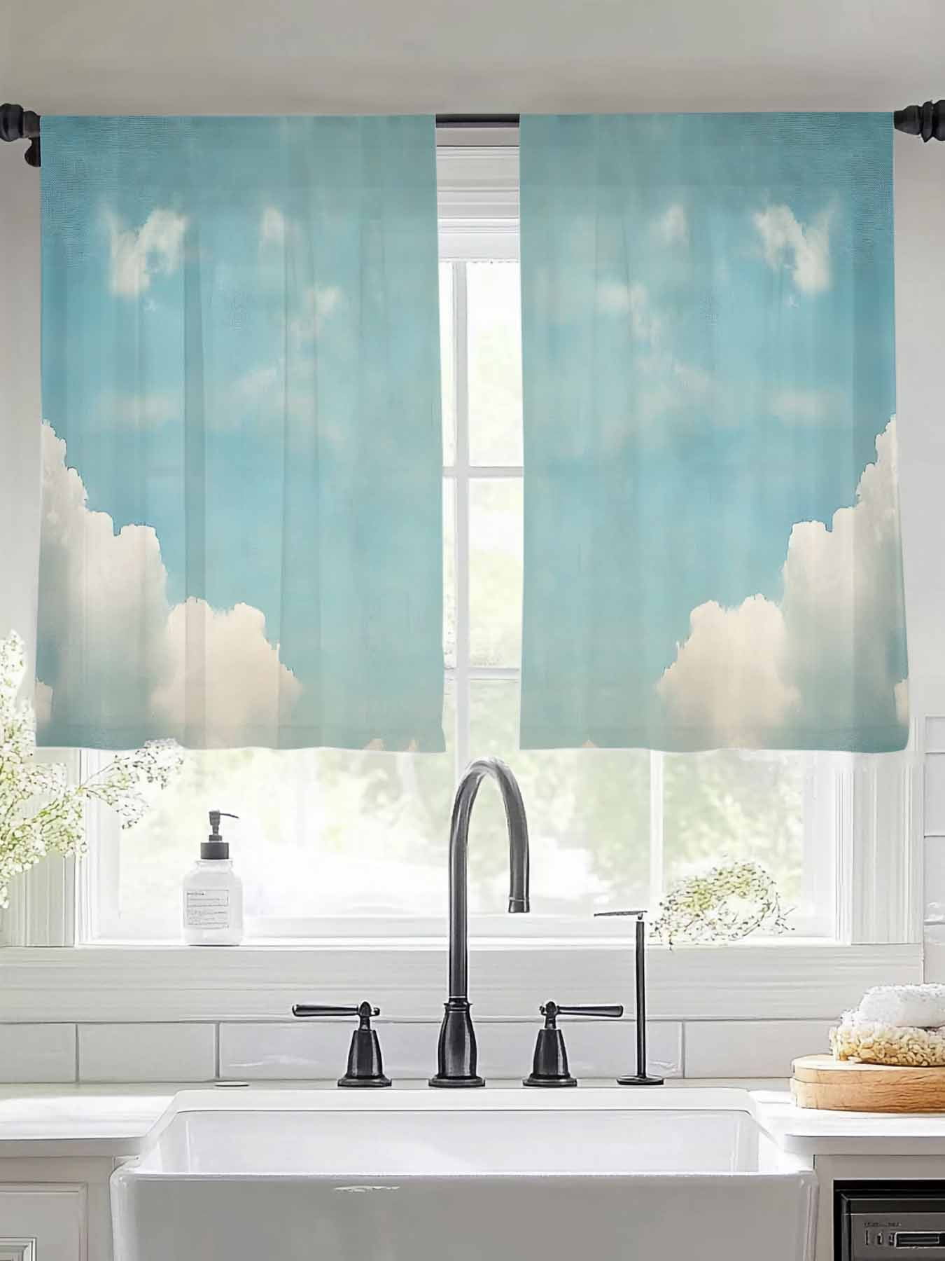 Grey Blue Sky Sheer Curtains for Living Room Bedroom Vintage White