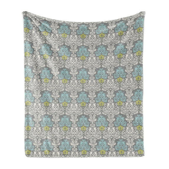 Grey Blue Soft Flannel Fleece Blanket, Traditional Colorful Damask Pattern with Floral Elements on Greyscale Background, Cozy Plush for Indoor and Outdoor Use, 50" x 70", Multicolor, by Ambesonne