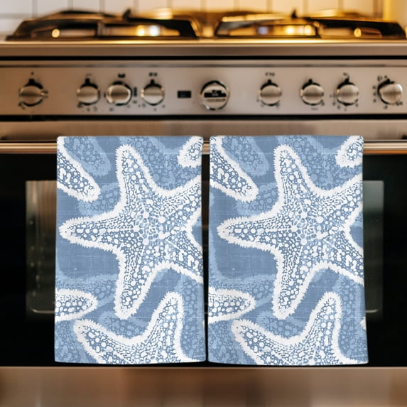 Grey Blue Starfish Coastal Kitchen Towels Set of 4, Nautical Summer Ocean Absorbent Dish Towels for Kitchen, Microfiber Hand Towel, Quick Drying Tea Towel for Cleaning Decorative Dishcloths