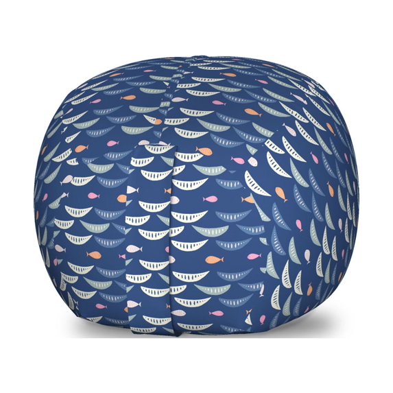 Grey and Blue Storage Toy Bag Chair, Nautical Maritime Sea Life Cartoon Fish Motifs Net Boat Looking Shapes, Stuffed Animal Organizer Washable Bag, Large Size, Indigo Multicolor, by Ambesonne