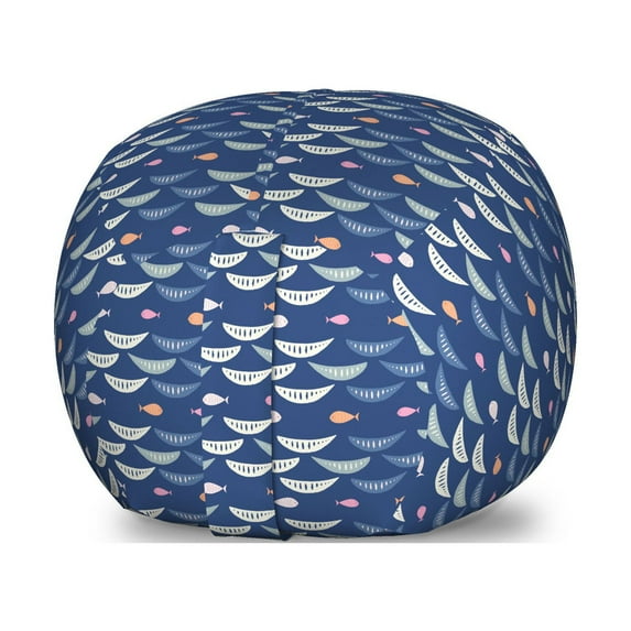 Grey and Blue Storage Toy Bag Chair, Nautical Maritime Sea Life Cartoon Fish Motifs Net Boat Looking Shapes, Stuffed Animal Organizer Washable Bag, Small Size, Indigo Multicolor, by Ambesonne