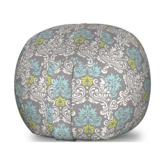 Grey Blue Storage Toy Bag Chair, Traditional Colorful Damask Pattern with Floral Elements on Greyscale Background, Stuffed Animal Organizer Washable Bag, Small Size, Multicolor, by Ambesonne