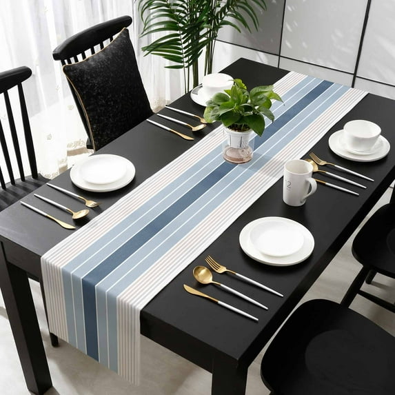 Grey Blue Stripes Cotton Linen Small Table Runner 13 x 36 inch Country Modern Gradient Lines Art Non-slip Rectangular Dining Table Decor for Wedding Party Holiday Dinner