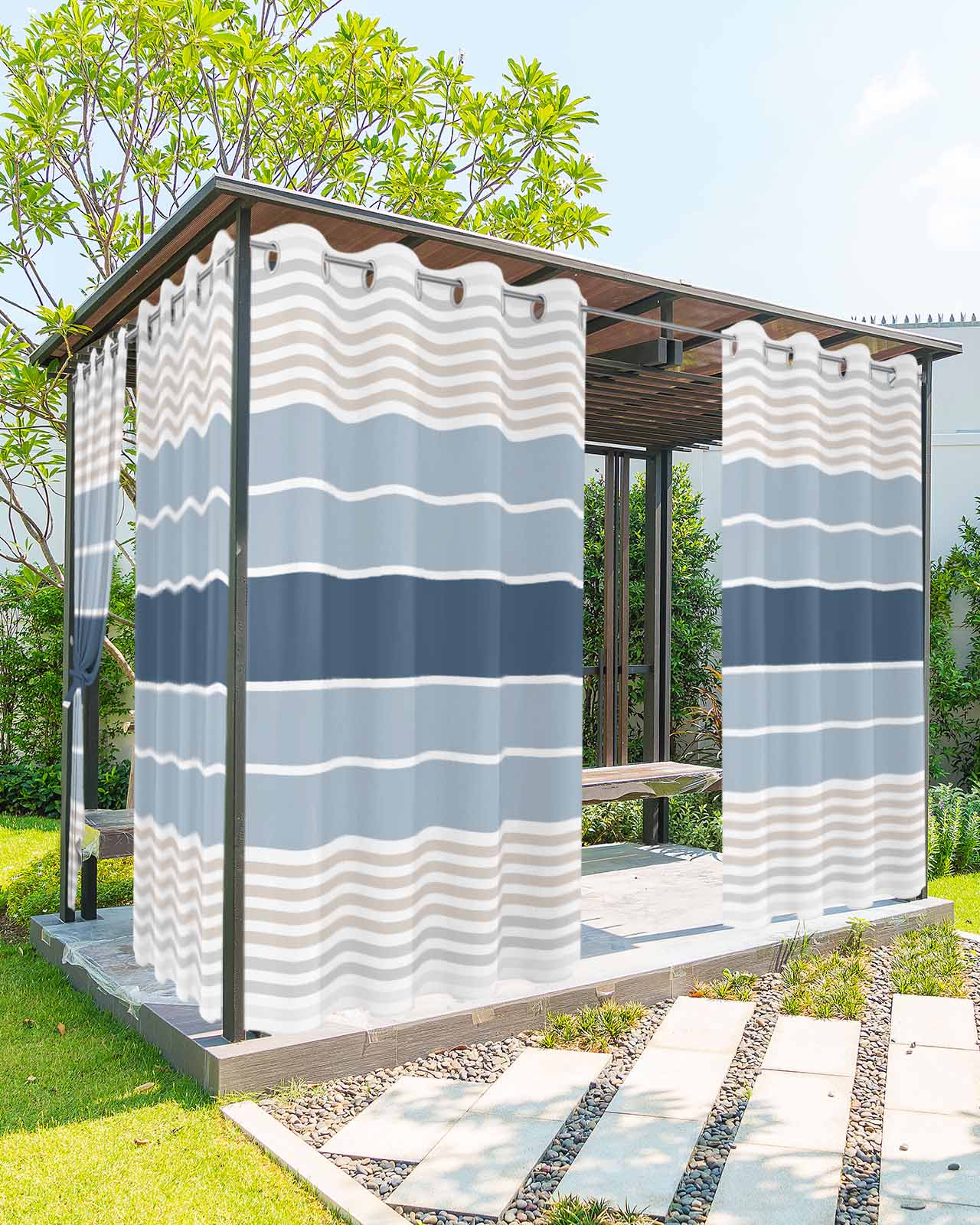 Grey Blue Stripes Outdoor Curtains for Patio, Country Modern Gradient Lines Art Privacy Drapes Grommet Waterproof Outside Curtains for Porch/Cabana/Balcony 54"x 95", 2 Panel
