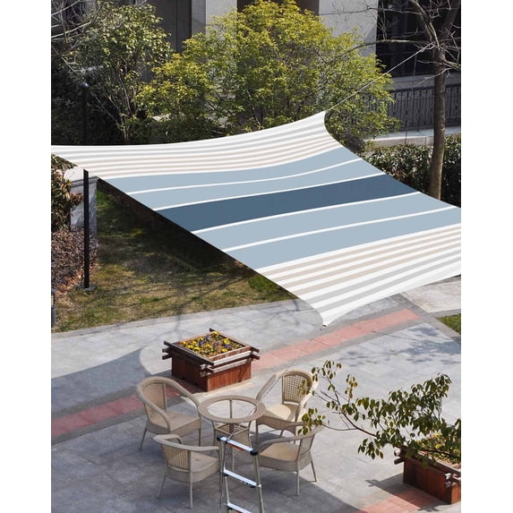 Grey Blue Stripes Sun Shade Sail 6.5'x10' Rectangle Outdoor Shade Canopy, Country Modern Gradient Lines Art Porch Shades Outdoor Sun Blocking Screen, Sunshade Cloth Covers for Patio/Deck/Garden