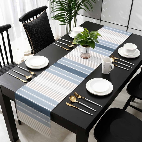 Grey Blue Vertical Stripes Cotton Linen Table Runner 16 x 72 inch Modern Minimalist Abstract Non-slip Rectangular Dining Table Decor for Wedding Party Holiday Dinner