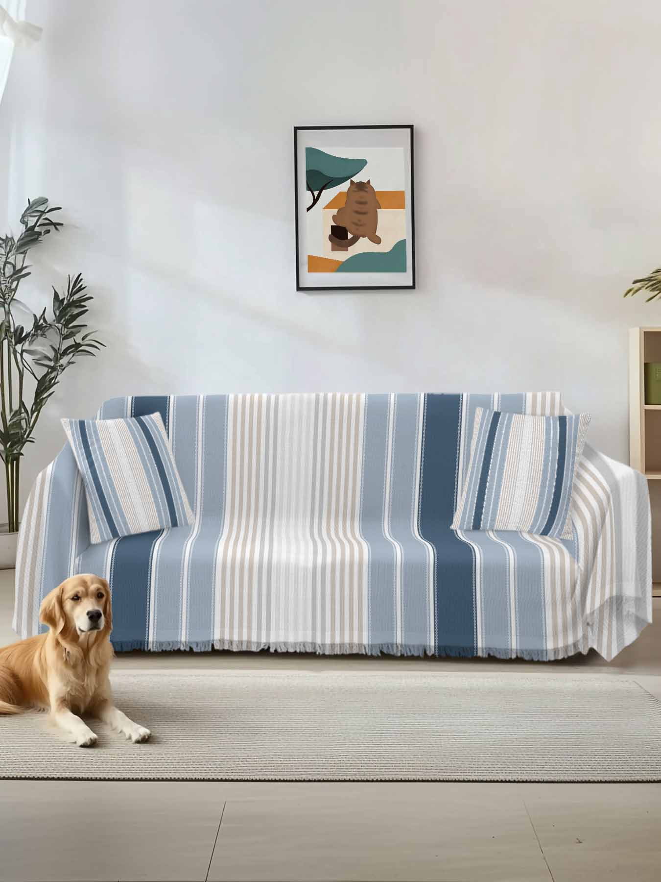 Grey Blue Vertical Stripes Couch Cover, Modern Minimalist Abstract Oversized Sofa Cover Blanket for 3 Cushion Couch,Sectional Sofa Slipcover Furniture Protector for Living Room Bedroom 71''x150''