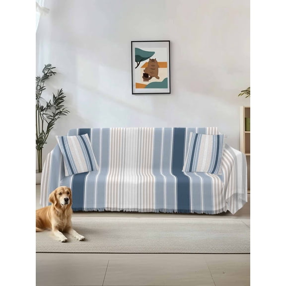 Grey Blue Vertical Stripes Couch Cover, Modern Minimalist Abstract Sofa Cover Blanket for 1 Seat Cushion,Sectional Sofa Slipcover Furniture Protector for Living Room Bedroom 71''x91''