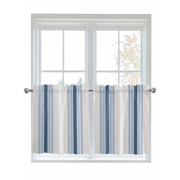 Grey Blue Vertical Stripes Kitchen Curtains Tier 24 Inch Length, Modern Minimalist Abstract Rod Pocket Light Filtering Window Curtains Living Room Bedroom Curtain Drapes Cafe Curtain 27.5''x24''x2