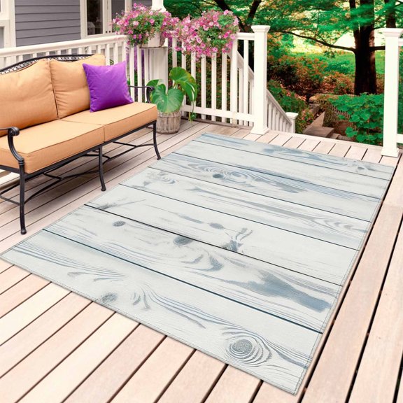 Grey Blue Wooden Outdoor Rug for Patio/Deck/Porch, Non-Slip Large Area Rug 4 x 6 Ft, Farmhouse Gray Striped Plank Indoor Outdoor Rugs Washable Area Rugs, Reversible Camping Rug Carpet Runner