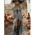 thumbnail image 1 of Grey Bohemian Ruffle Maxi Dress With V-Neck, Long Sleeves, High-Low Hem, 1 of 13