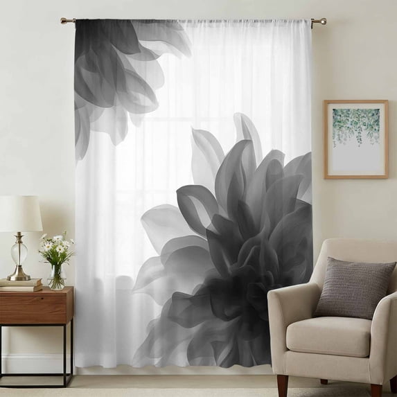 Grey Bohemian Sheer Curtains 72 Inches Long, Boho Modern Floral Abstract Ombre White Light Filering Curtains, Breathable Simi Curtain Privacy Drapes for Living Room Bedroom Window Treatment