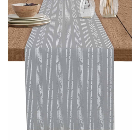 Grey Boho Burlap Cotton Table Runner 13x36 Inches Short, Bohemian Geometric Stripes Tribe Farmhouse Farmhouse Table Runners, Outdoor Dining Tablecloths Decor for Baby Shower/Party/Wedding