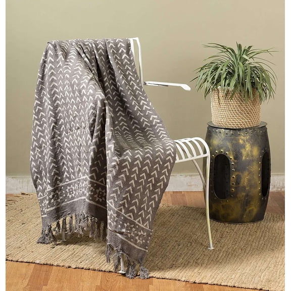 Grey Boho Cotton Throw Blanket with Tassels – Handmade Geometric Block Print Sofa Throw, Lightweight Decorative Couch & Bed Blanket