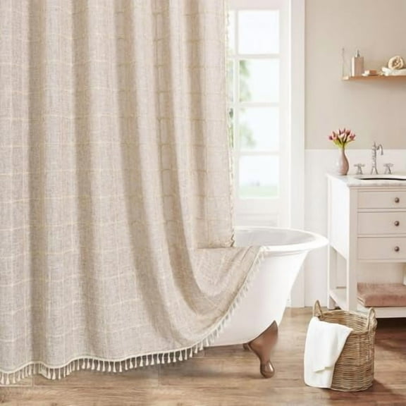 Grey Boho Extra Long Shower Curtain 72 x 84, Modern Farmhouse 84 inch XL Rustic Polyester Linen Tassel Heavy Duty Shower Curtain Set with Hooks for Cottagecore Country Bathroom Decor