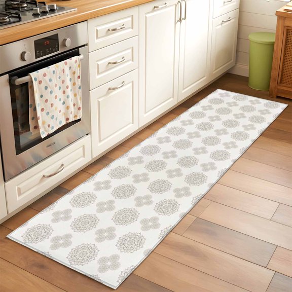 Grey Boho Flower Runner Rugs 2x6 ft Abstract Bosemia Geometric Graphic Rustic Country Washable Hallway Rugs Non-Slip Floor Mats Absorbent Carpet Bedside Runners for Bedroom Kitchen Bathroom Laundry