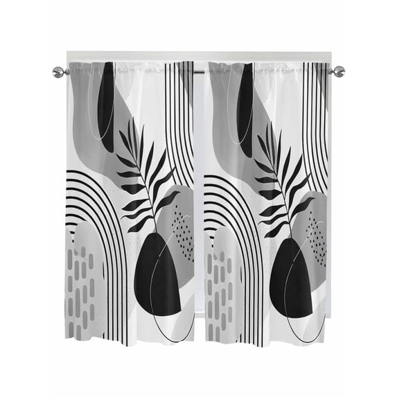 Grey Boho Geometric Bathroom Window Curtain, Vintage Ethnic Abstract Lines Leaves Light Filtering Coffee Kitchen Curtains, Bedroom Living Room Curtains 2 Panel 84"x63"