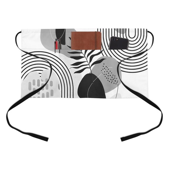 Grey Boho Half Waist Apron Medieval Leaves Geometric Lines Abstract Short Waiter Aprons with 3 Pockets for Women Men Kitchen Restaurant Cooking