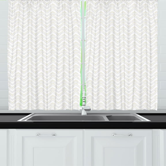 Grey Boho Kitchen Curtains, Geometric Design Neutral Colored Zigzag Asymmetric Look Forms Pattern, Two Panels Drapes with Rod Pocket Room Decor, 55" X 45", Eggshell and White, by Ambesonne