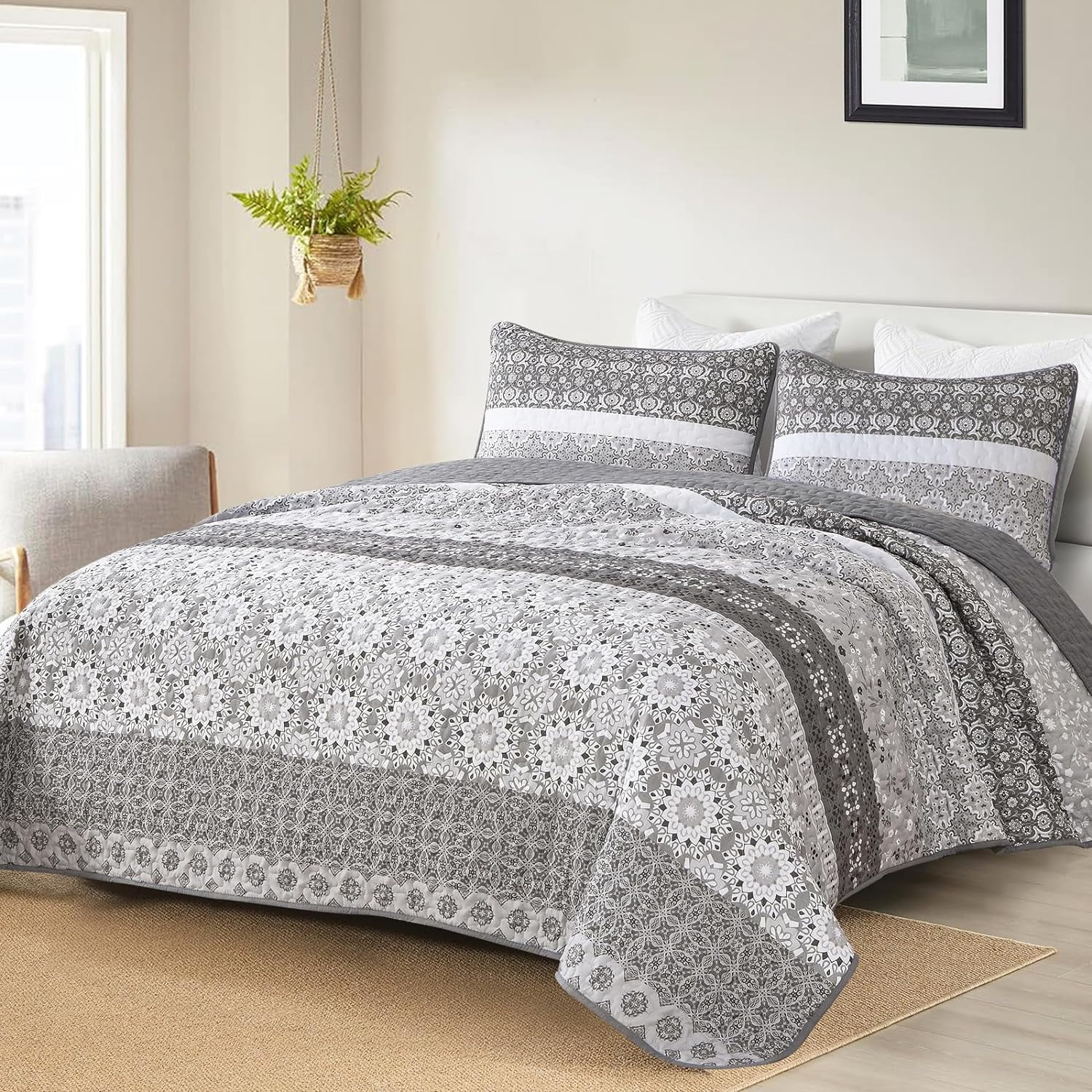 Grey Boho Quilt Full Set,Bohemian Floral Striped Patchwork Bedspread ...